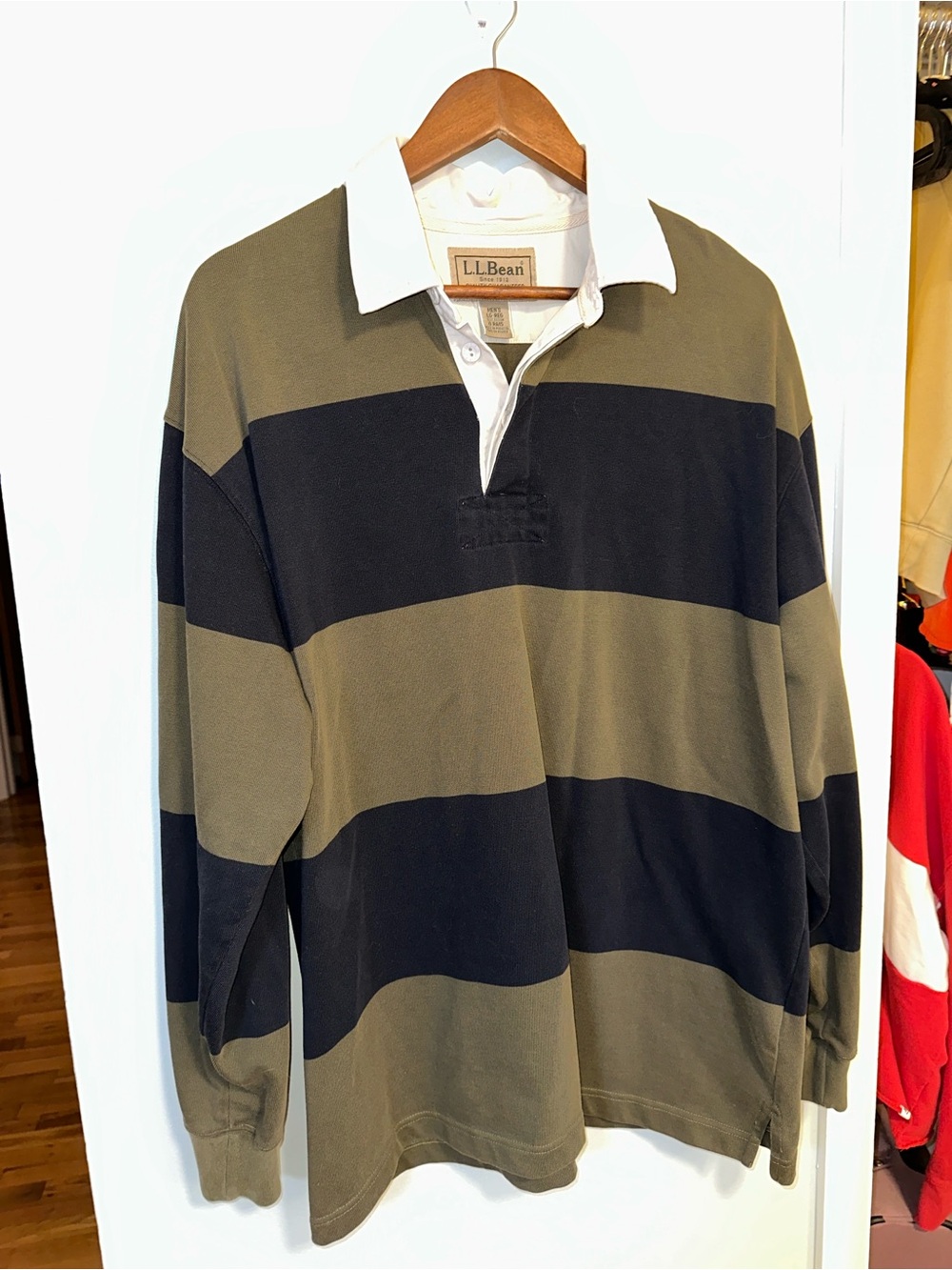 L.L. Bean Men’s Olive and Black Striped Rugby Shirt with White Collar